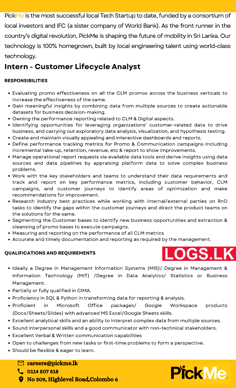 Intern (Customer Lifecycle Analyst) - PickMe Sri Lanka Vacancies 2024 Application Form
