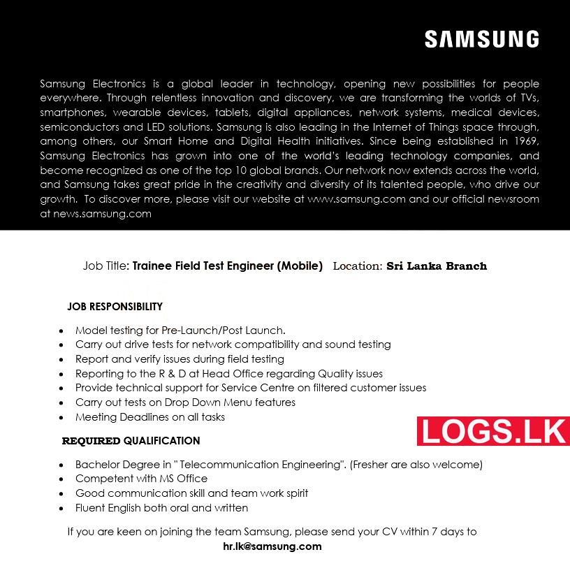 Trainee Field Test Engineer - Samsung Job Vacancies 2024 in Sri Lanka Application