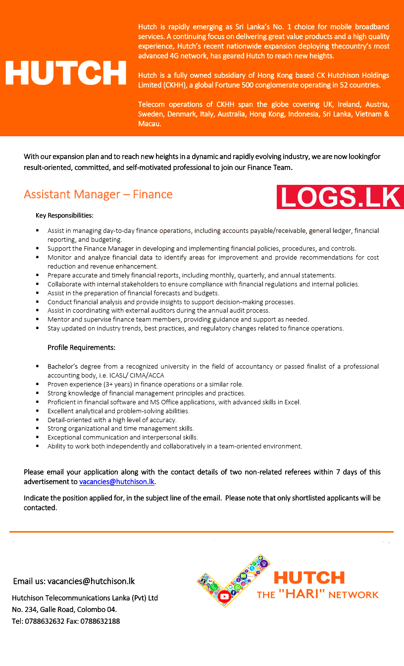 Assistant Manager (Finance) - Hutch Job Vacancies 2024 Application Form, Details Download