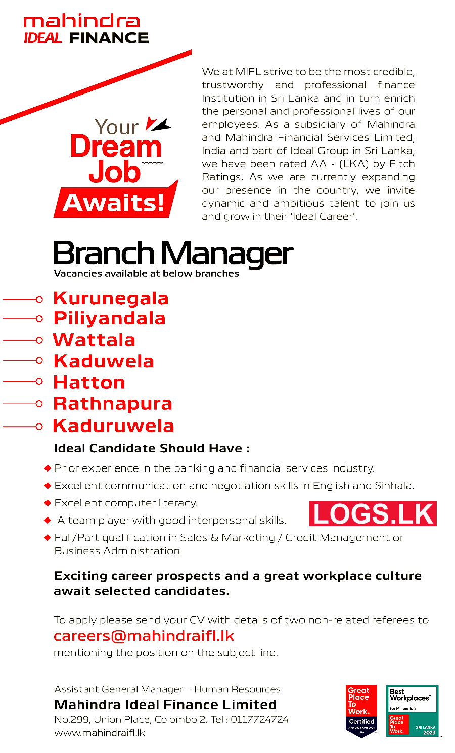 Branch Manager - Mahindra Ideal Finance Job Vacancies 2024 in Sri Lanka