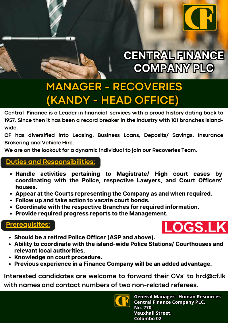 Recoveries Manager (Kandy) - Central Finance Vacancies 2024 in Sri Lanka Application Form