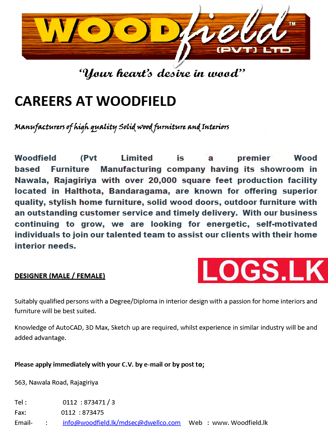 Designer Job Vacancy at Woodfield (Pvt) Ltd Job Vacancies in Sri Lanka