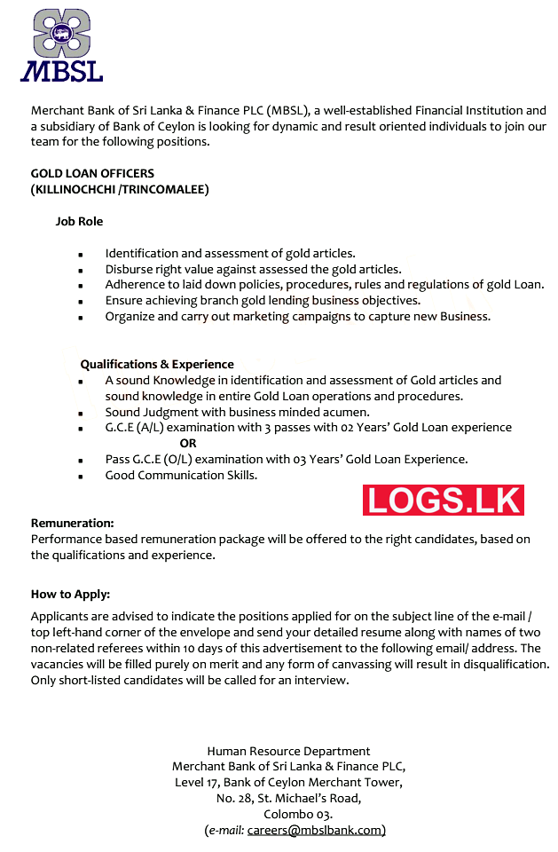 Gold Loan Officers - Merchant Bank Job Vacancies 2024 in Sri Lanka