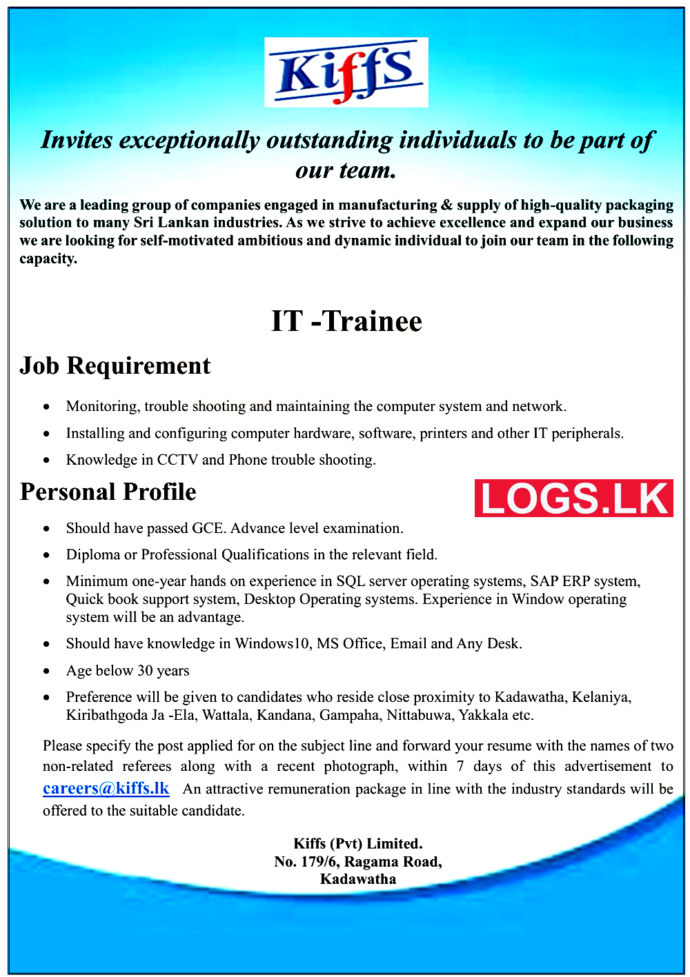 IT Trainee Job Vacancy at Kiffs (Pvt) Limited Company Sri Lanka