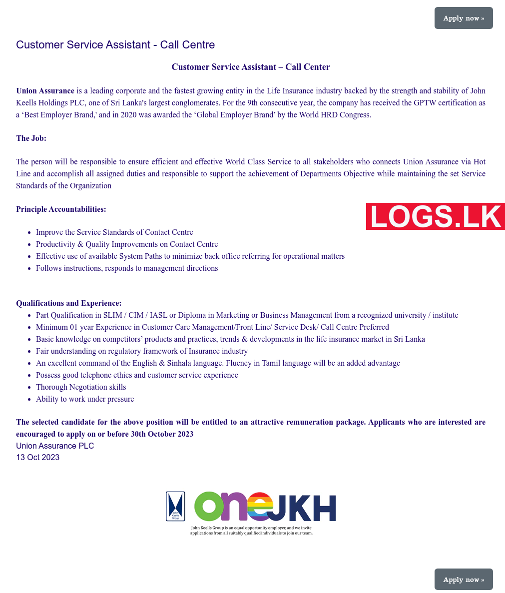 Customer Service Assistant (Call Center) – Union Assurance Vacancies 2024 in Sri Lanka