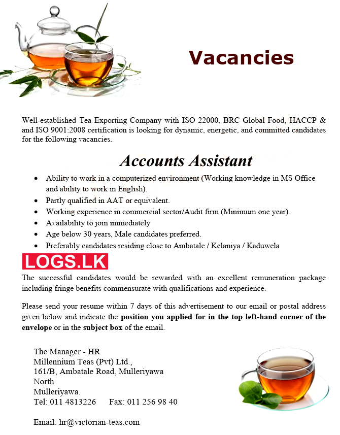 Accounts Assistant Job Vacancy at Millennium Teas (Pvt) Ltd Company Sri Lanka