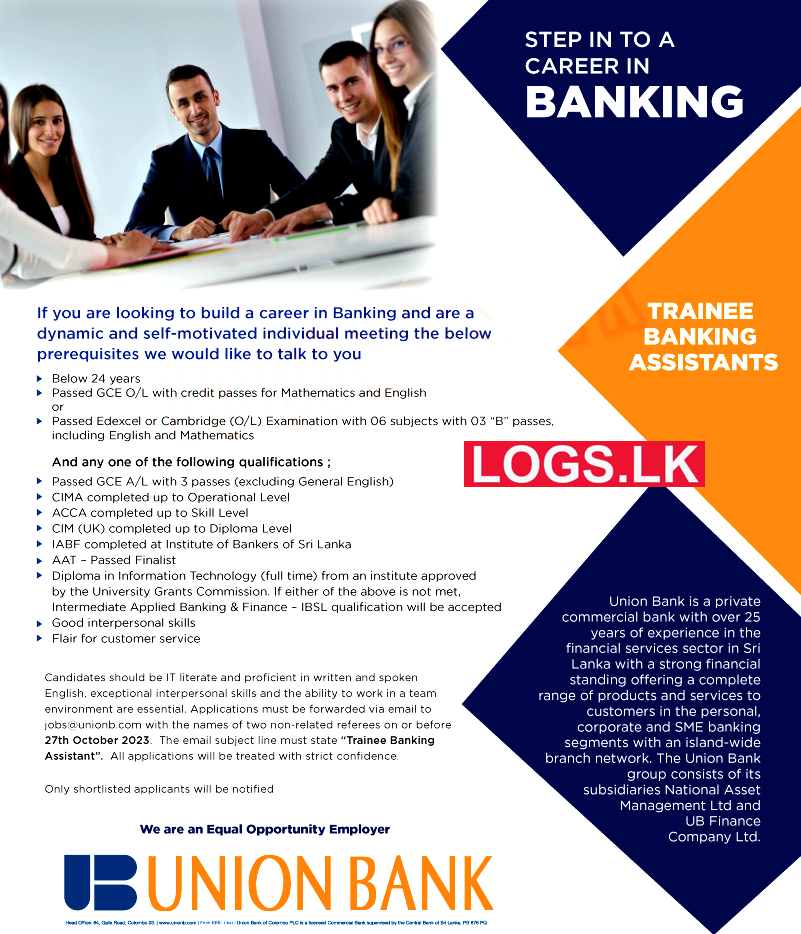 Trainee Banking Assistants - Union Bank Vacancies 2024 in Sri Lanka