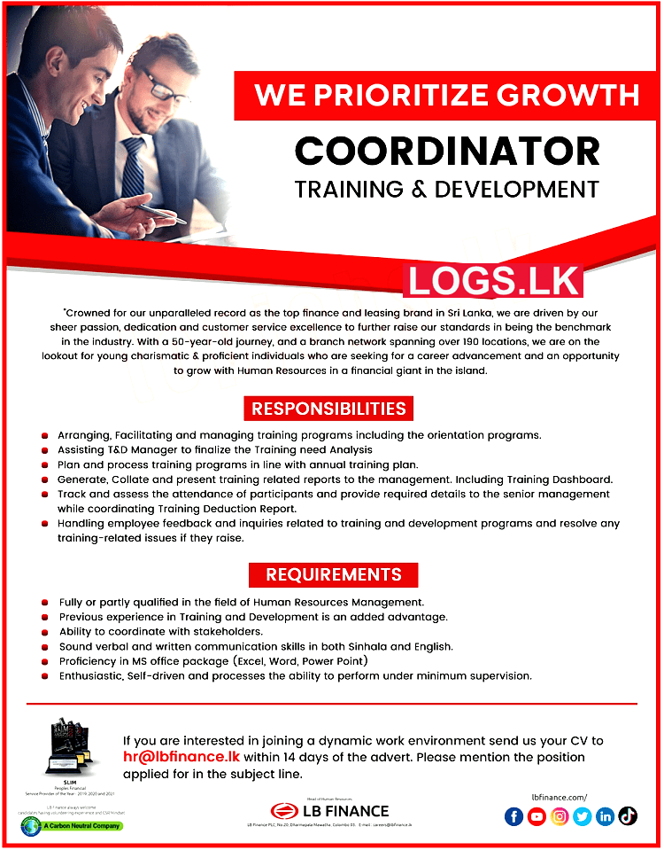 Coordinator - LB Finance Job Vacancies 2024 in Sri Lanka Application, Details Download