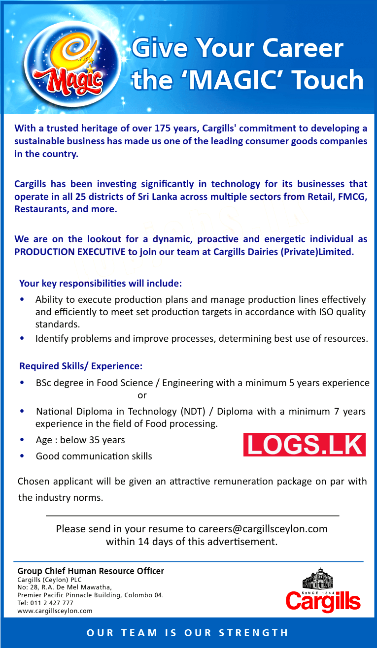 Production Executive - Cargills Job Vacancies 2024 in Sri Lanka