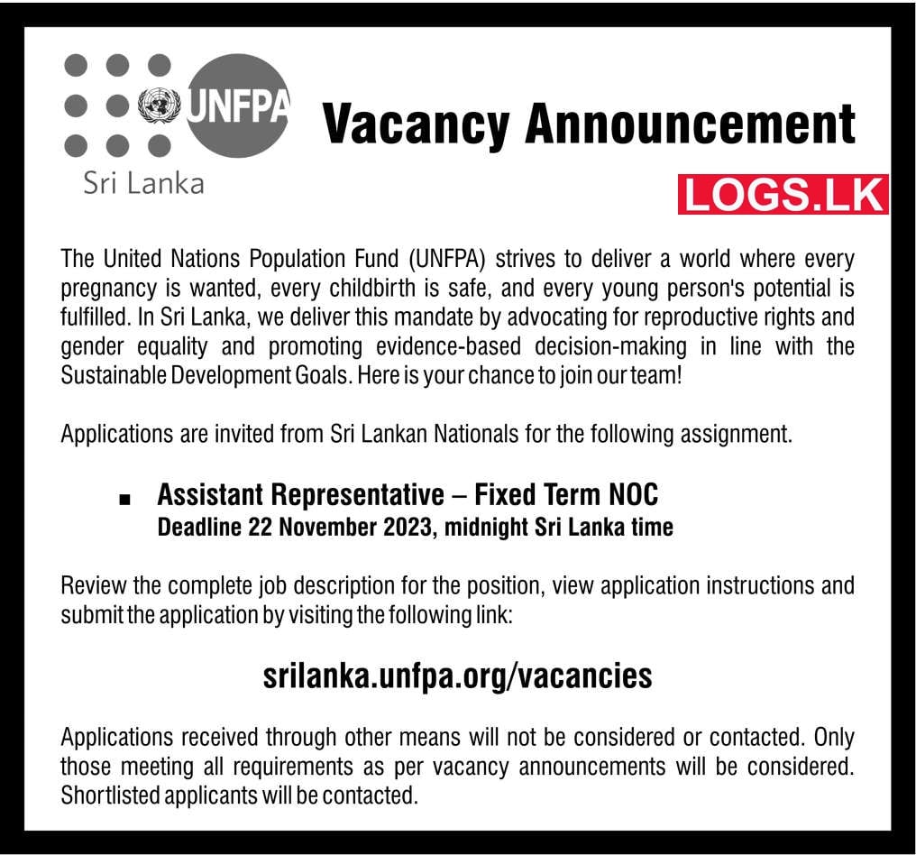 Assistant Representative - UNFPA Sri Lanka Vacancies 2024 Application Form, Details Download