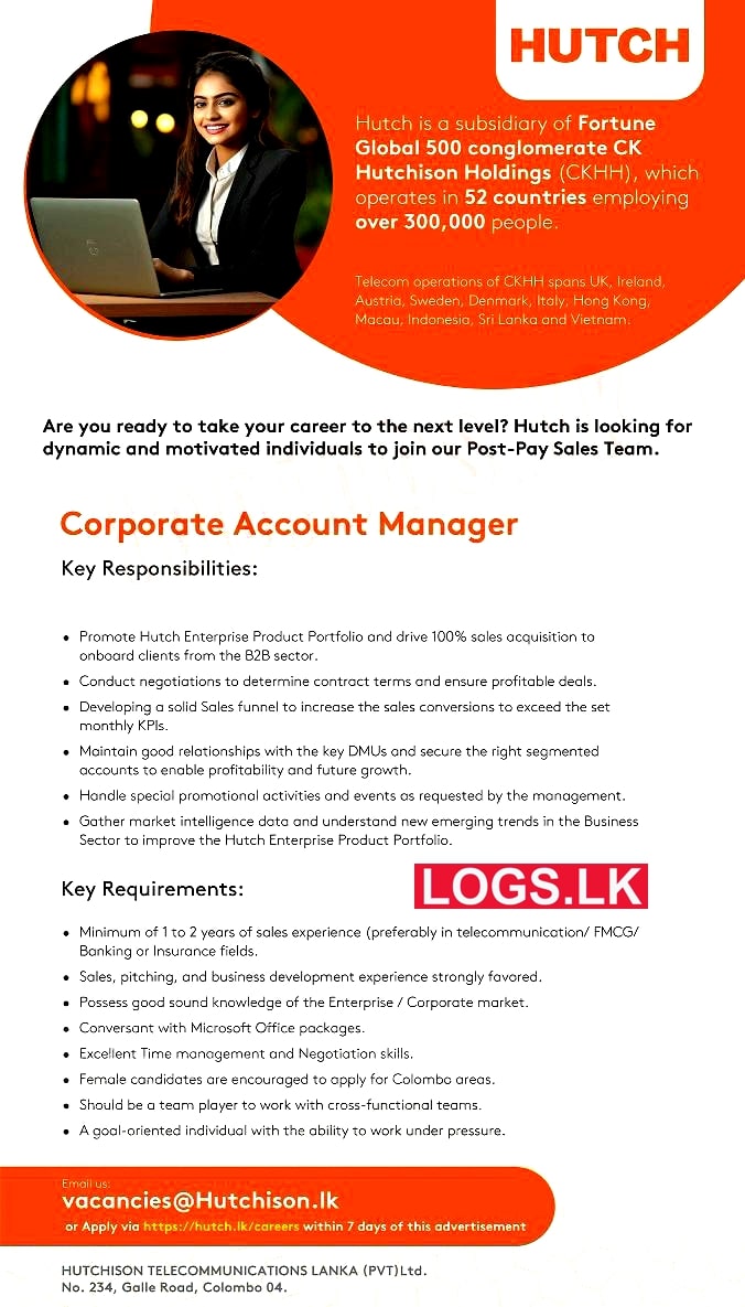 Corporate Account Manager - Hutch Job Vacancies 2024 Application Form, Details Download
