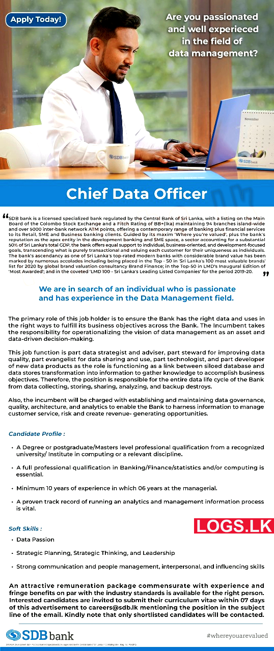 Chief Data Officer - SDB Bank Job Vacancies 2024 Application Form, Details Download