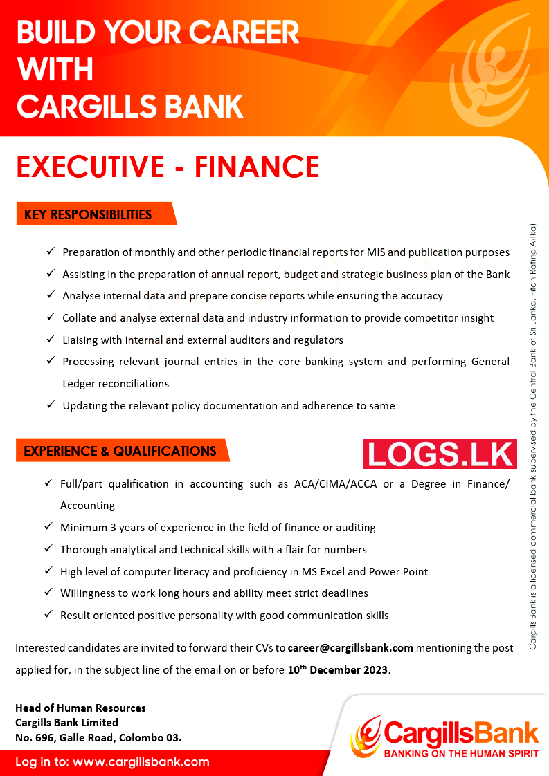 Finance Executive - Cargills Bank Vacancies 2024 Application Form, Details Download