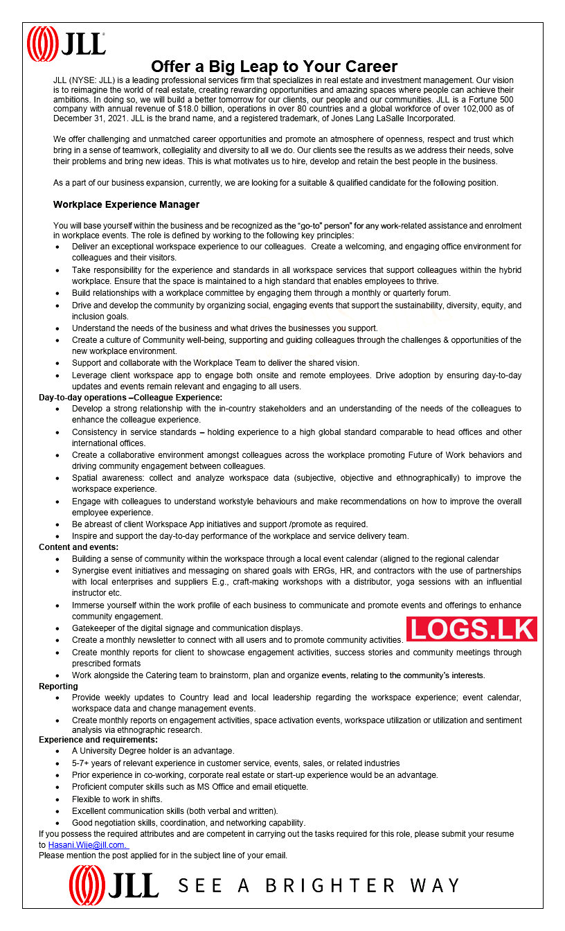 Workplace Experience Manager Vacancy at Jones Lang LaSalle Lanka (JLL) Application Form, Details Download
