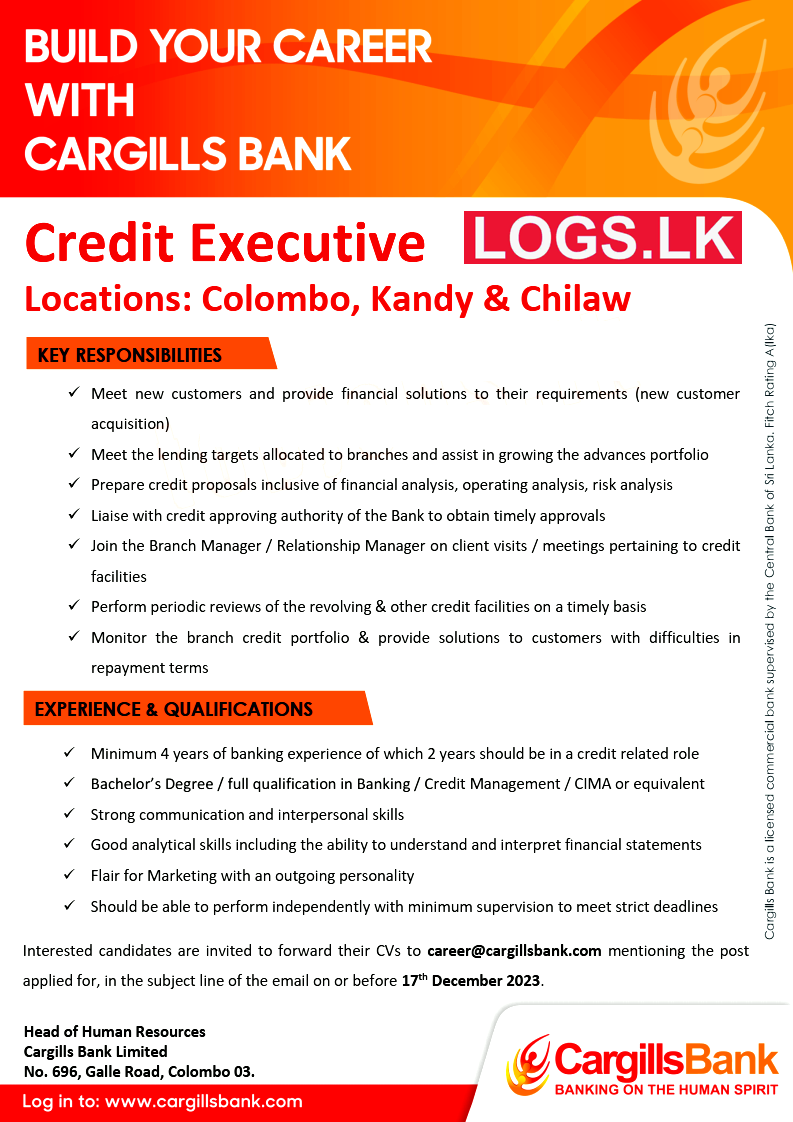 Credit Executive - Cargills Bank Job Vacancies 2024 Application Form, Details Download