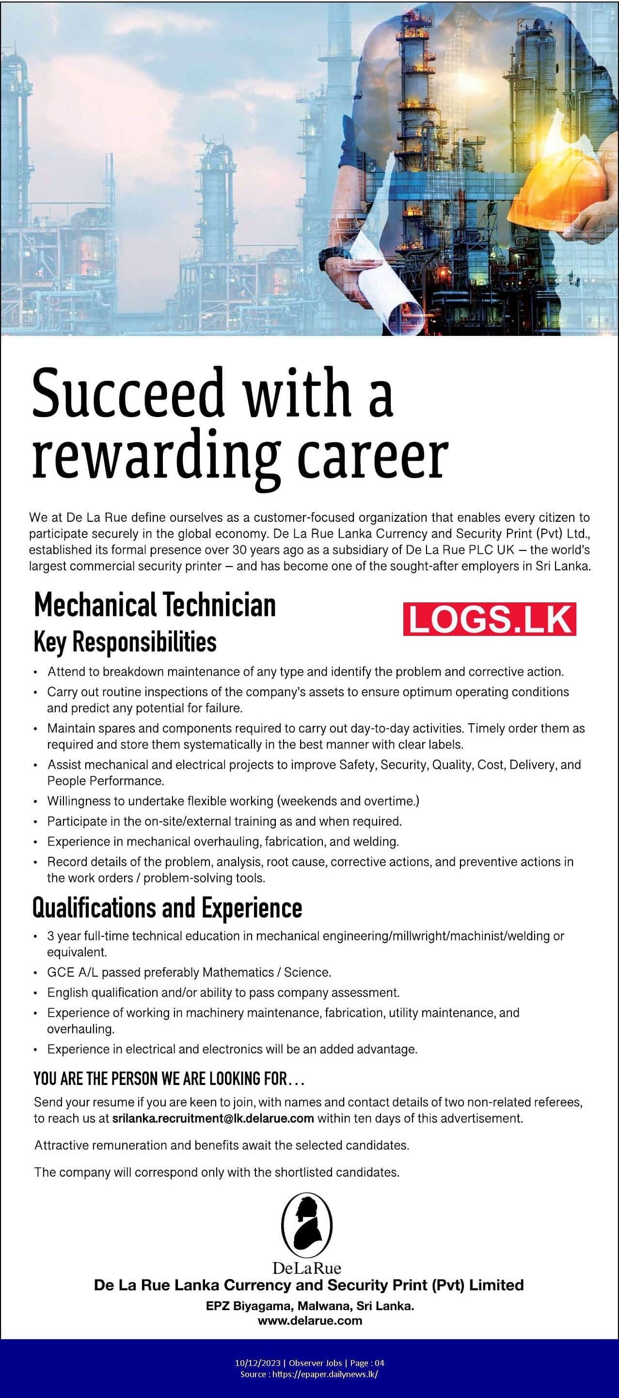 Mechanical Technician - De La Rue Sri Lanka Job Vacancies 2024 Application Form, Details Download
