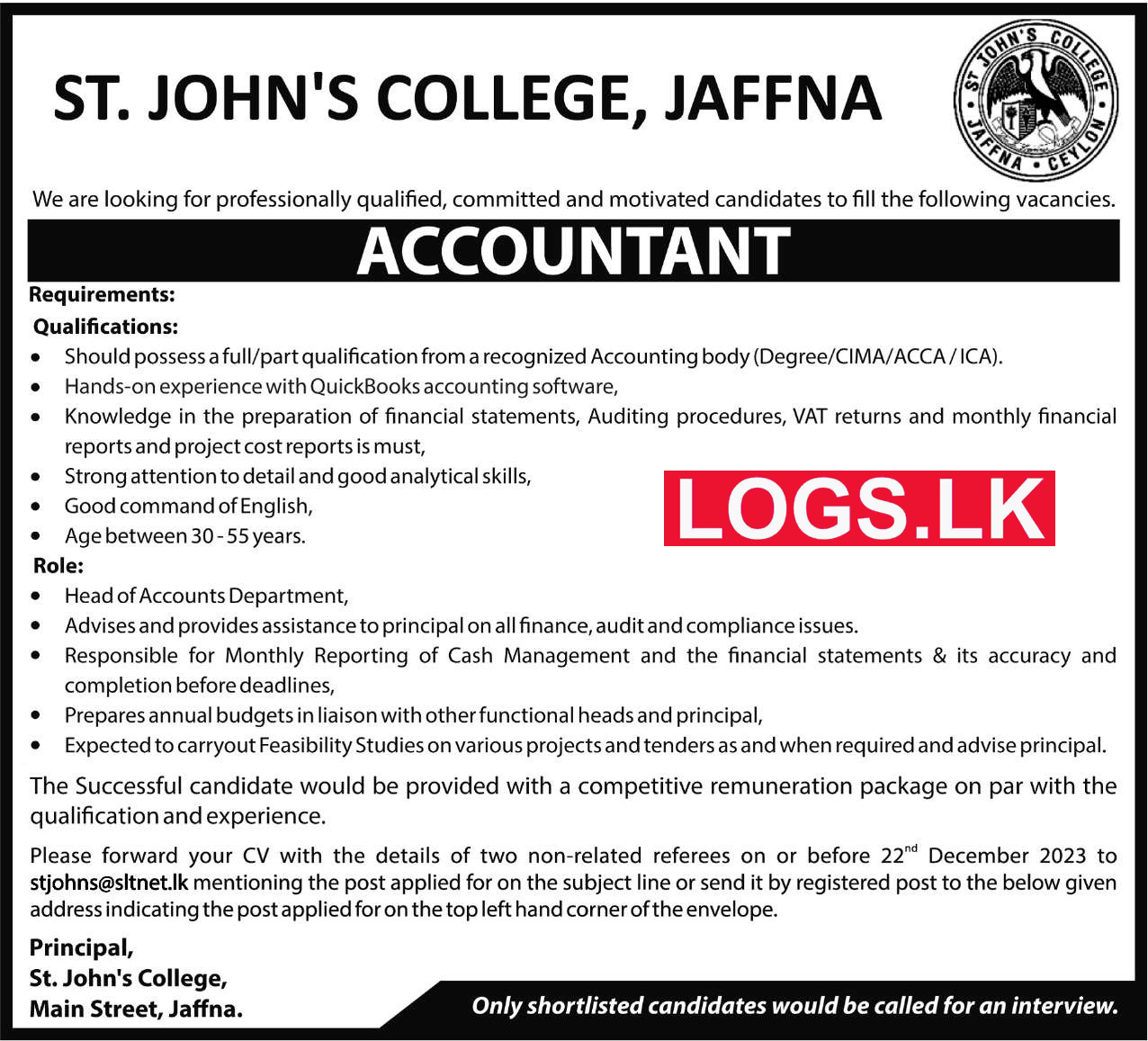 Accountant Job Vacancy at St. John's College Jaffna Application Form, Details Download