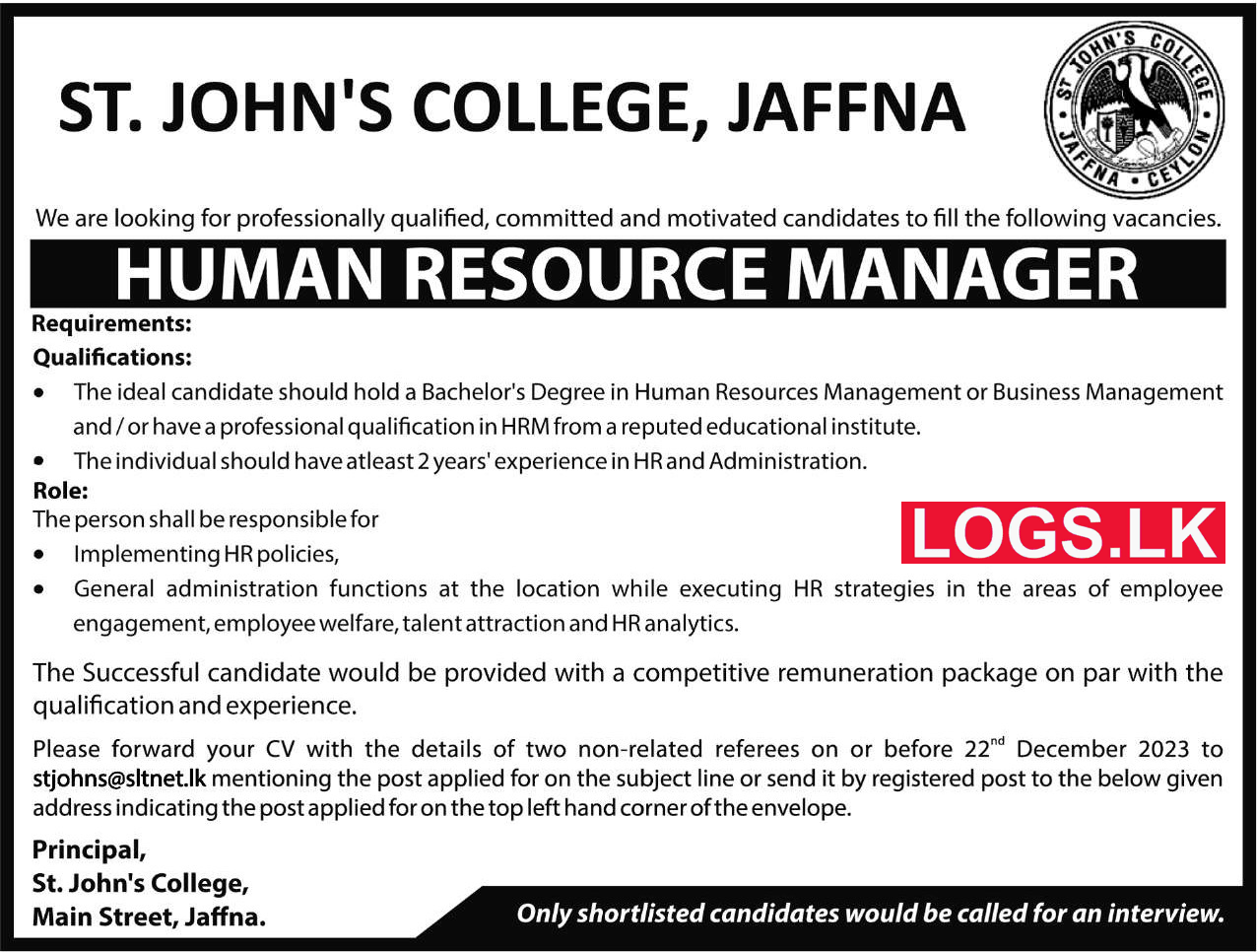 Human Resource Manager Vacancy at St. John's College Jaffna Application Form, Details Download