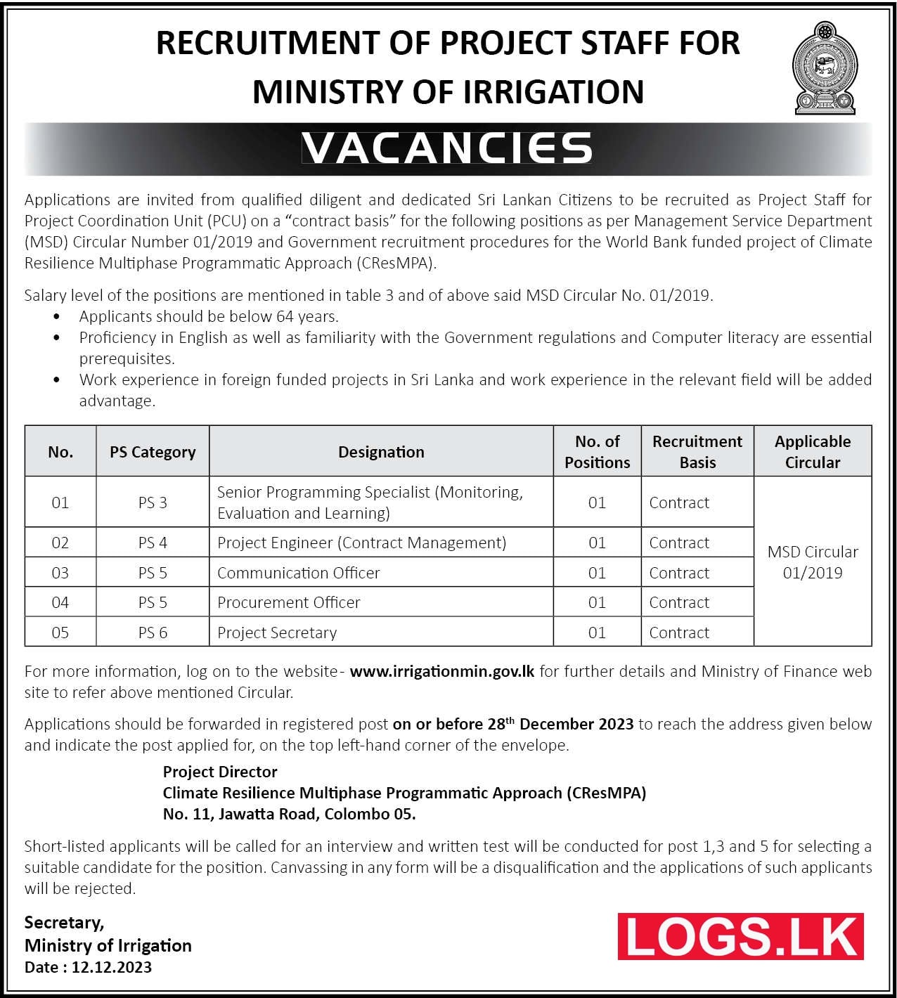 Ministry of Irrigation Job Vacancies 2024 Application Form, Details Download