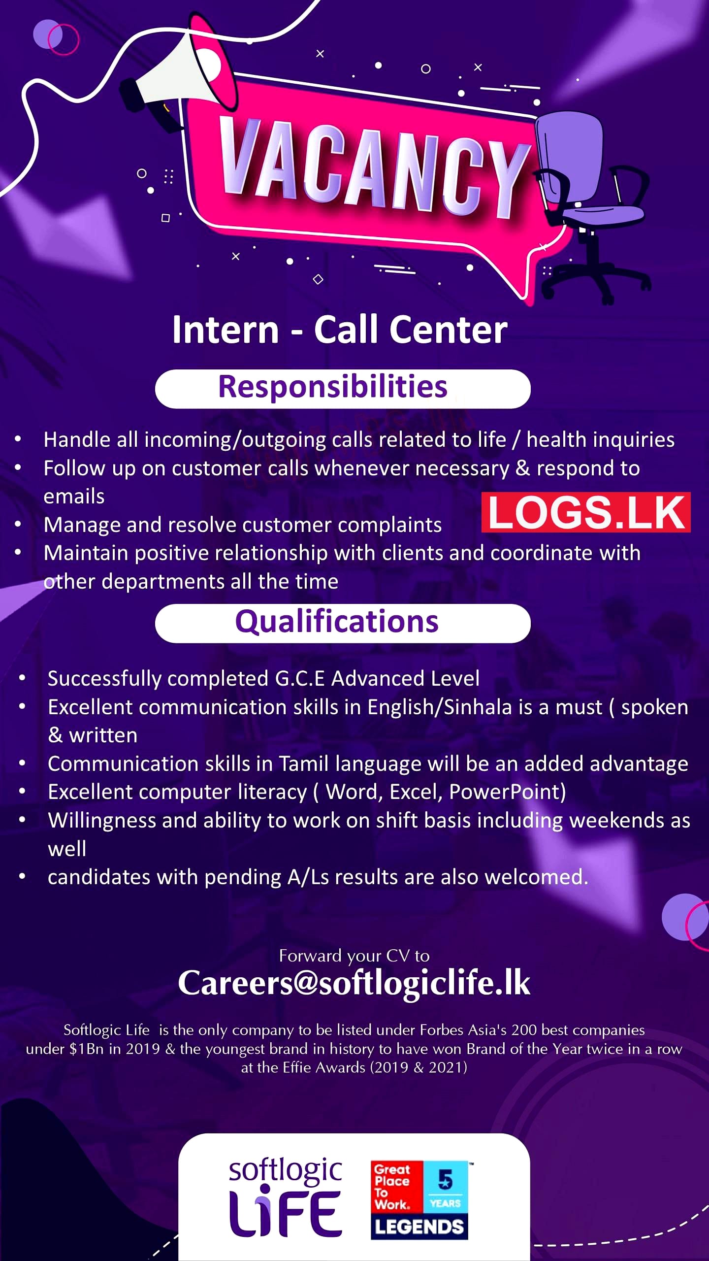 Call Center Internship - Softlogic Life Insurance Vacancies 2024 Application F9orm, Details Download
