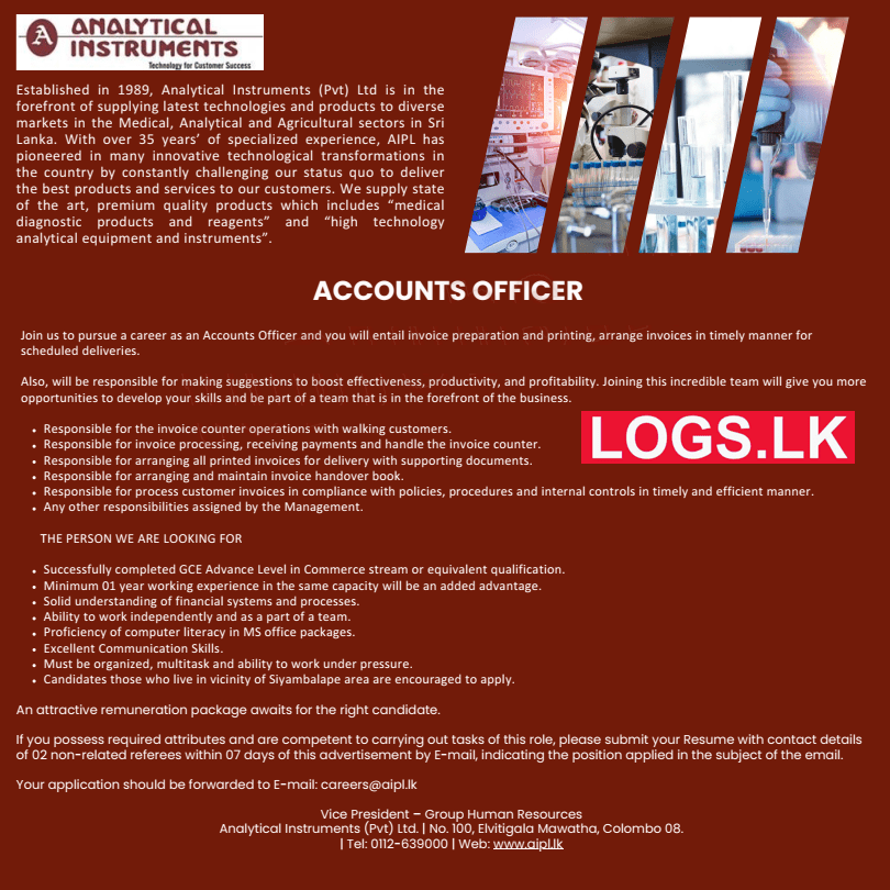Accounts Officer Job Vacancy at Analytical Instruments (Pvt) Ltd