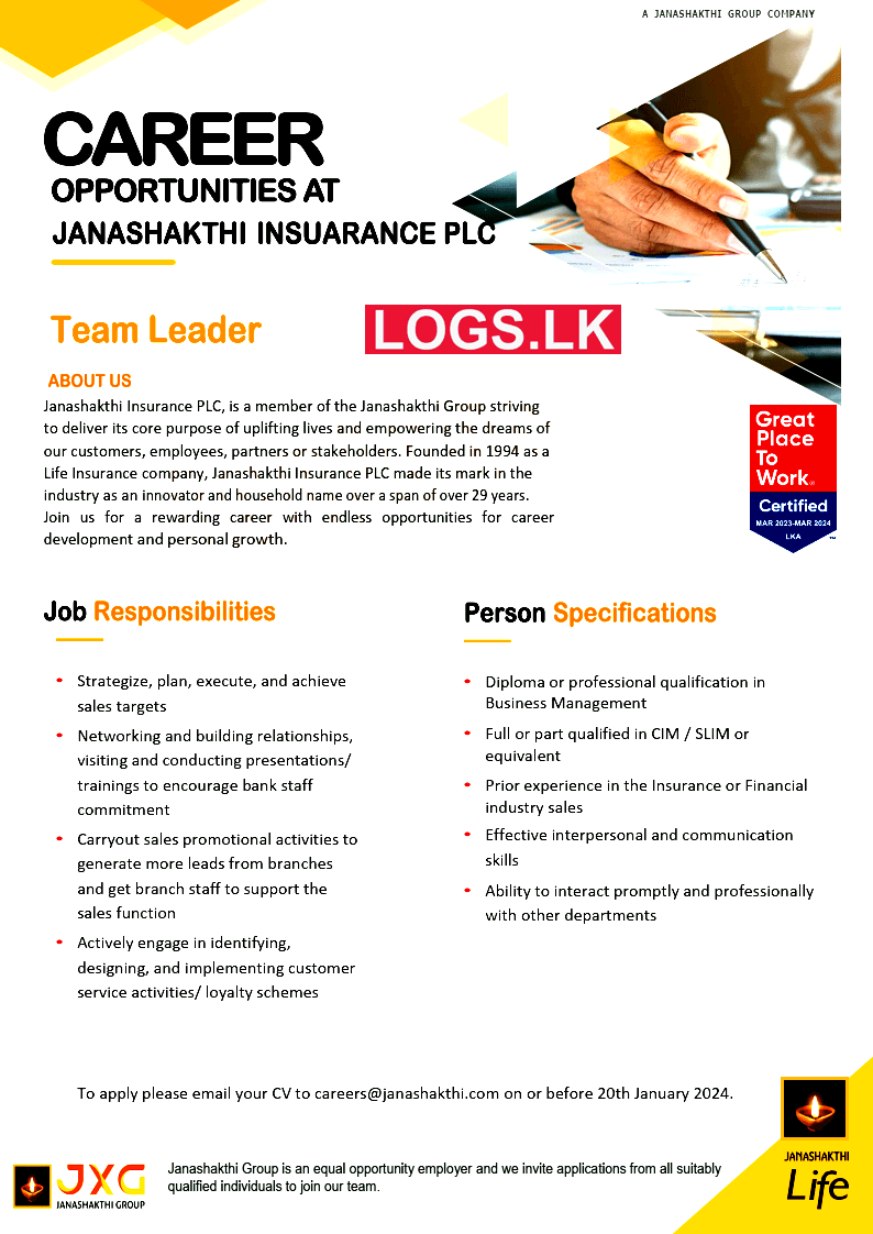 Team Leader - Janashakthi Insurance Job Vacancies 2024 Application Form, Details Download