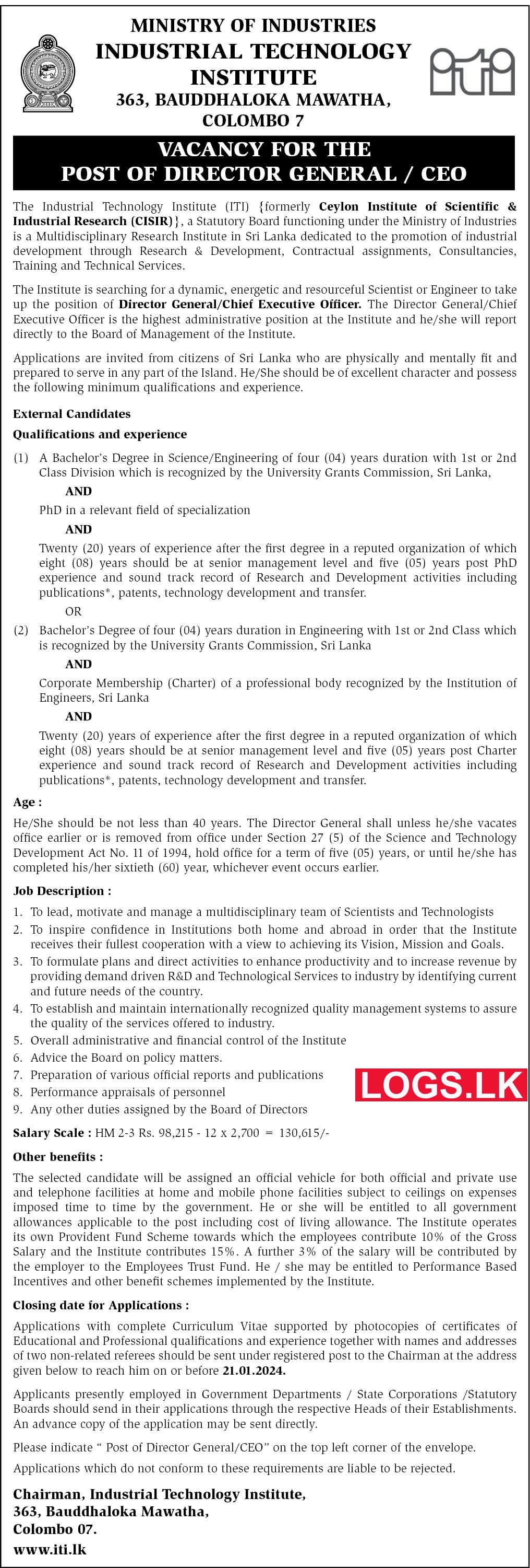 Director General / CEO - Industrial Technology Institute Vacancies 2024 Application Form