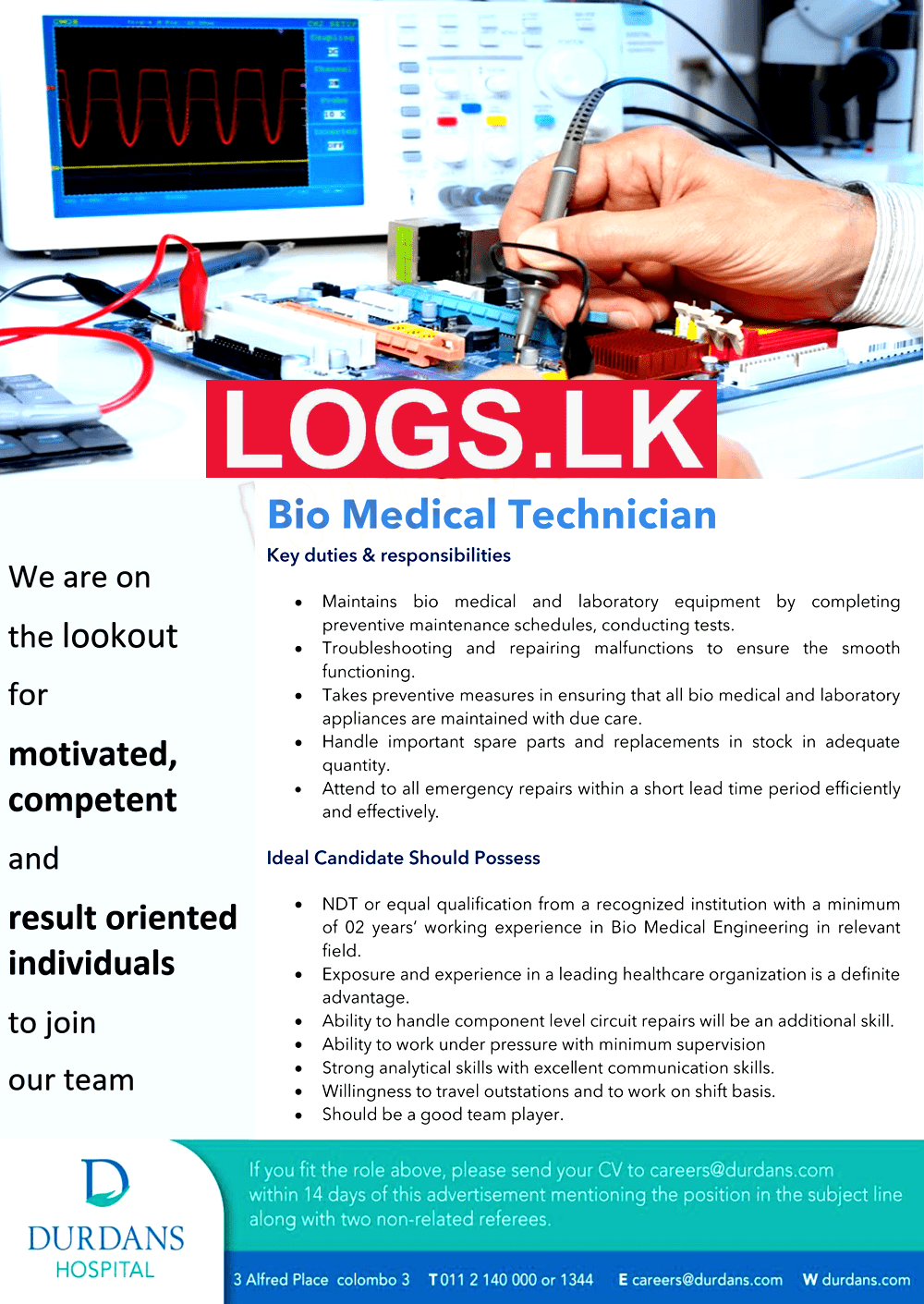 Bio Medical Technician - Durdans Hospital Vacancies 2024 Application Form, Details Download