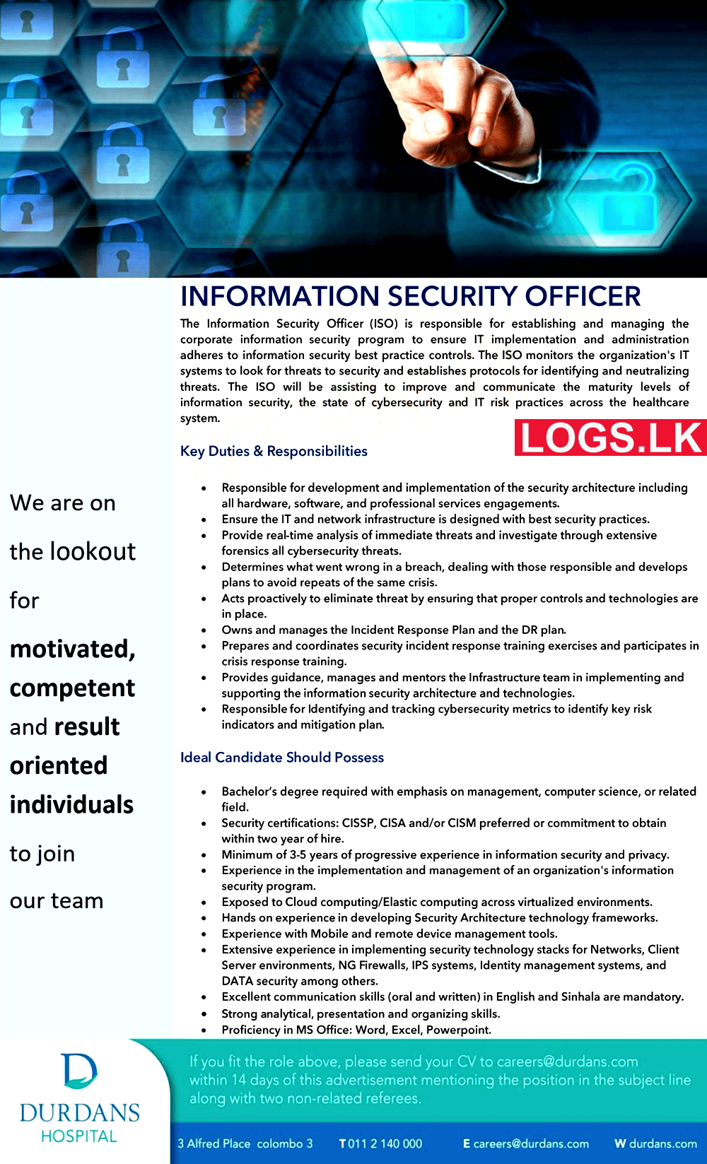 Information Security Officer - Durdans Hospital Vacancies 2024