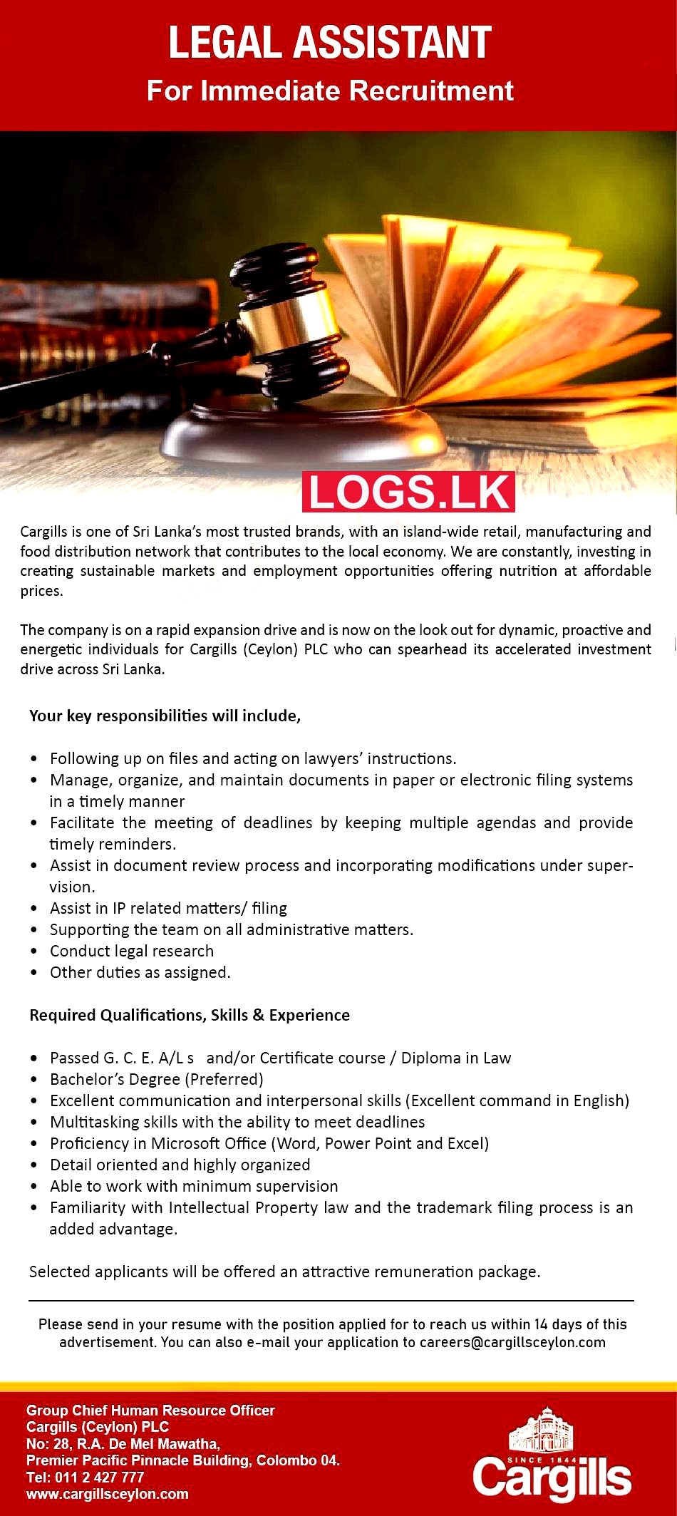 Legal Assistant - Cargills Job Vacancies 2024 in Sri Lanka