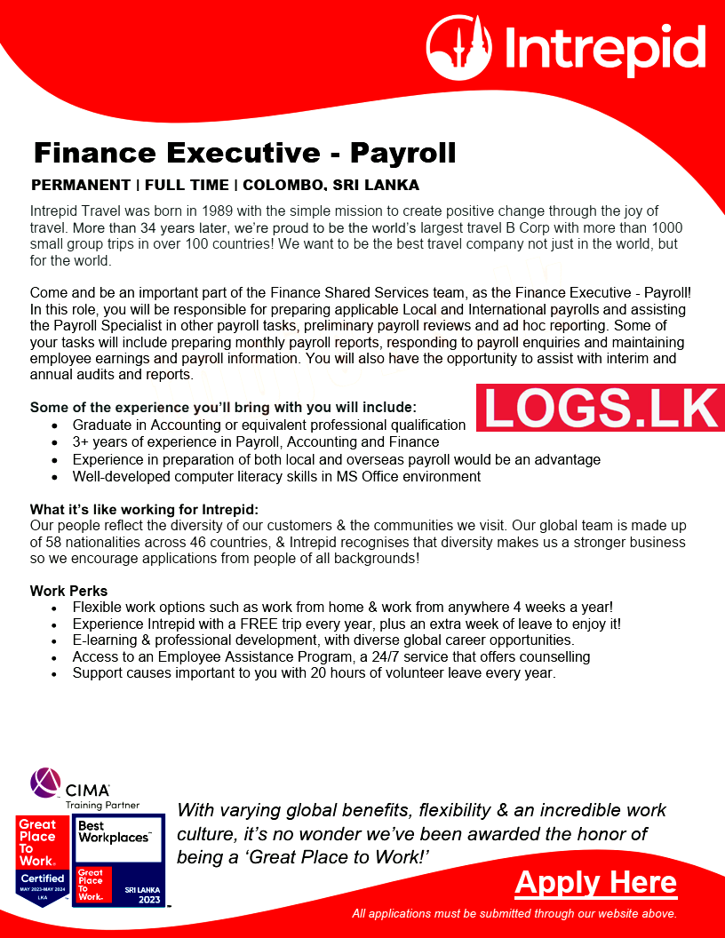 Finance Executive (Payroll) - Intrepid Colombo Vacancies 2024