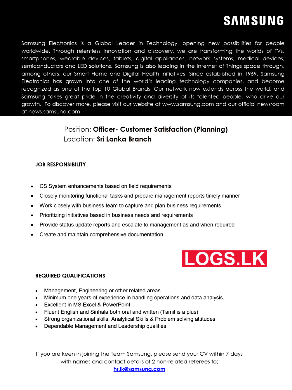 Customer Satisfaction Officer - Samsung Job Vacancies 2024 in Sri Lanka Application Form