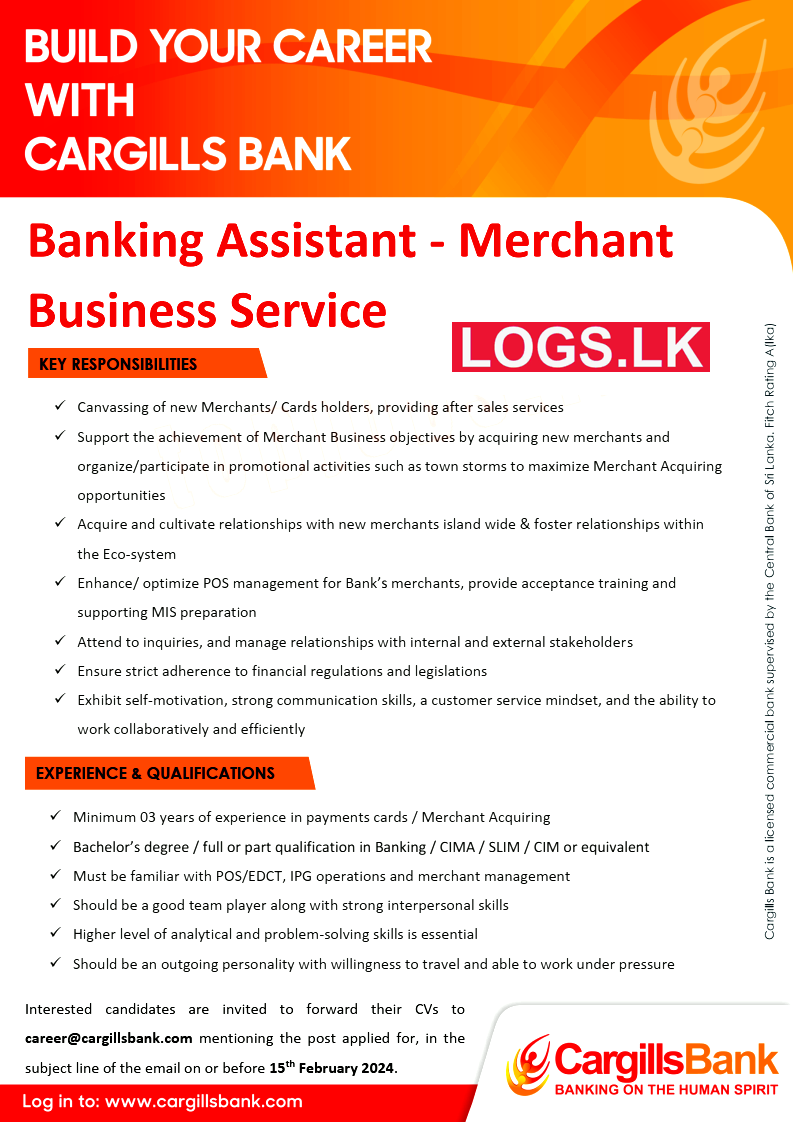 Banking Assistant - Cargills Bank Job Vacancies 2024 Application Form, Details Download
