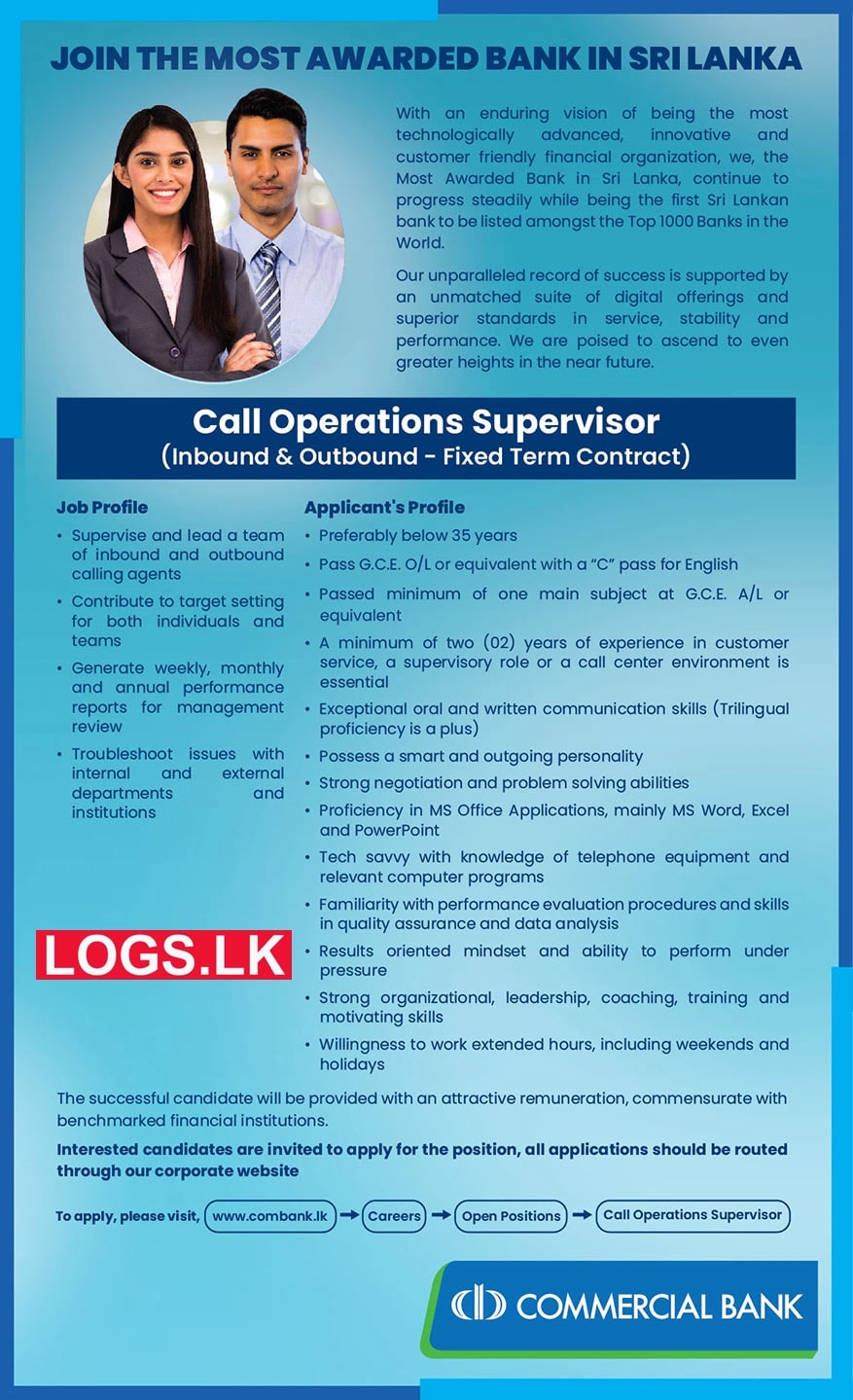 Call Operations Supervisor - Commercial Bank Vacancies 2024 in Sri Lanka Application Form