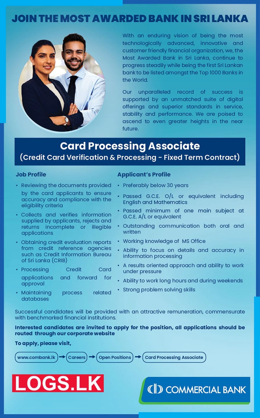 Card Processing Associate - Commercial Bank Vacancies 2024 in Sri Lanka Application Form