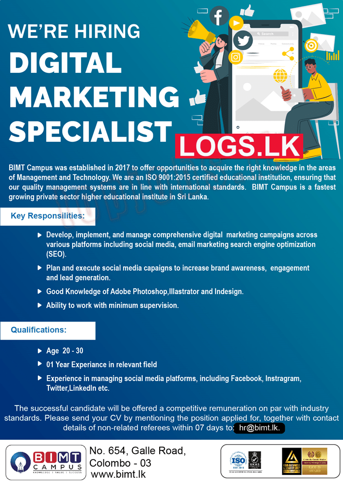 Digital Marketing Specialist Job Vacancy at BIMT Campus Sri Lanka