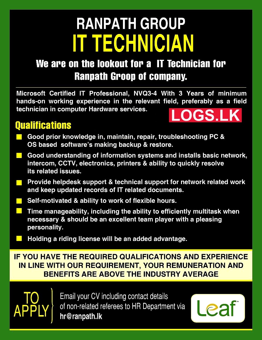 IT Technician Job Vacancies 2024 at Ranpath Group Sri Lanka Application, Details
