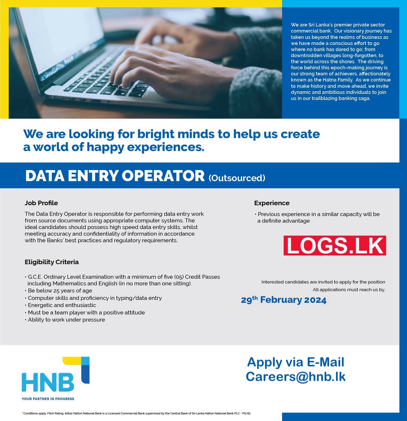 Data Entry Operator - HNB Bank Vacancies 2024 in Sri Lanka Application Form, Details Download