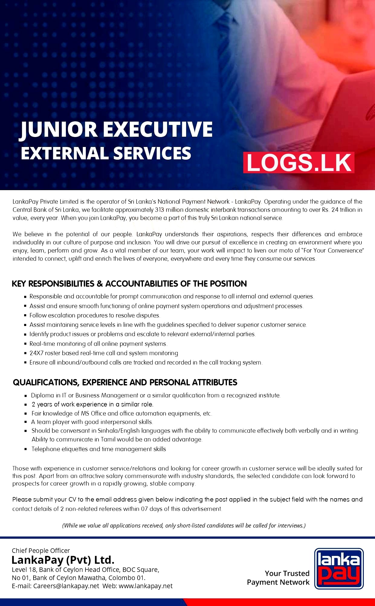 Junior Executive External Services - LankaPay Vacancies 2024 Application Form, Details Download