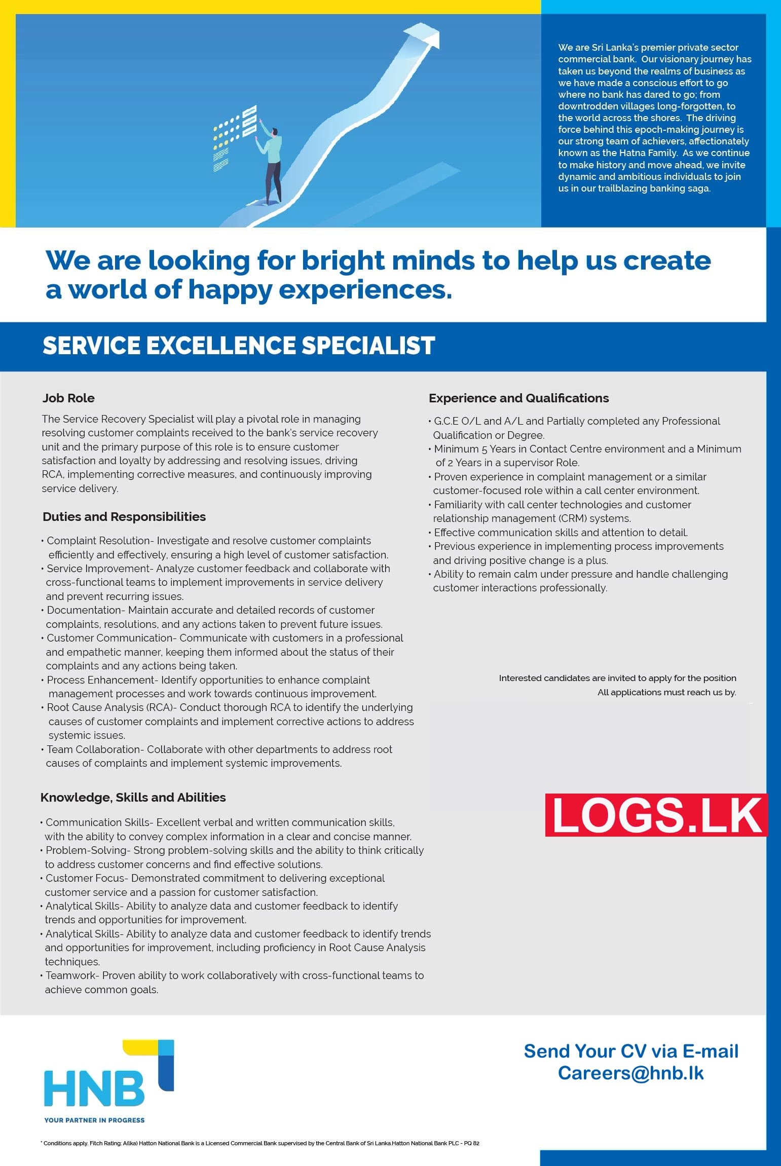 Service Excellence Specialist - HNB Bank Job Vacancies 2024 Application Form, Details Download