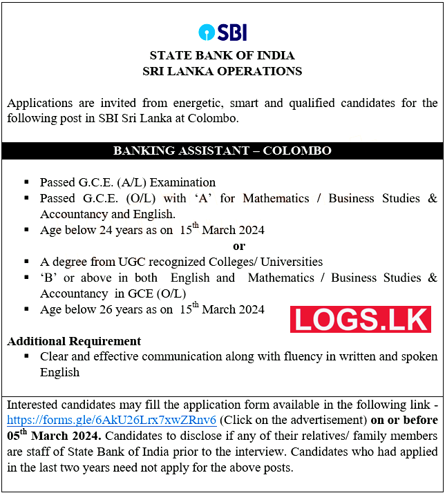Banking Assistant - State Bank of India Vacancies 2024 in Sri Lanka Application Form, Details. Apply Online SBI Vacancies