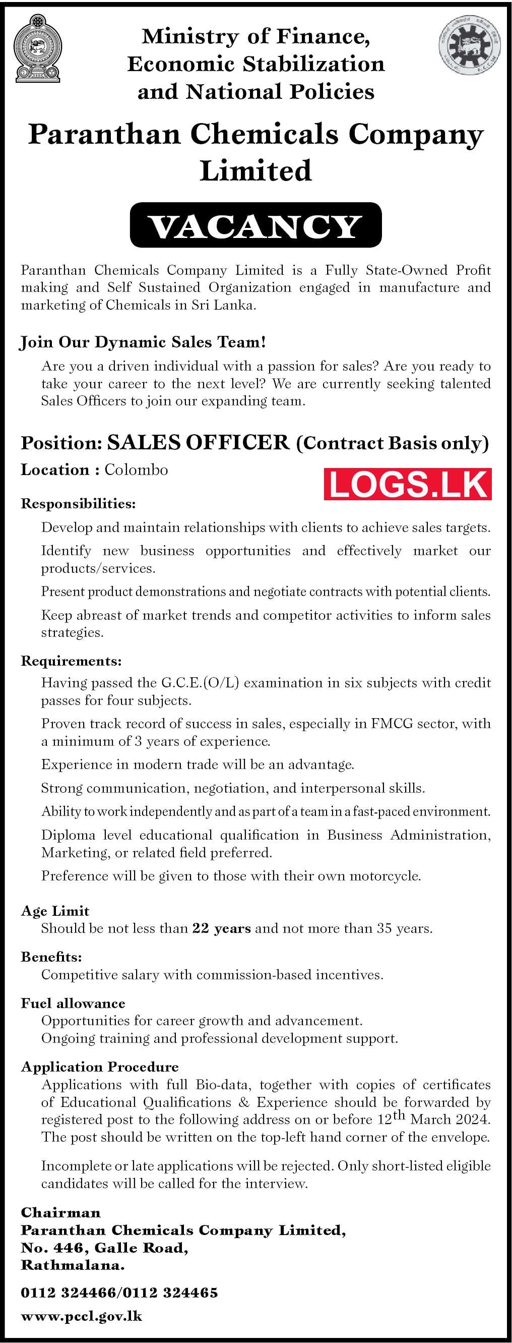 Sales Officer - Paranthan Chemicals Company Vacancies 2024 Application Form, Details Download