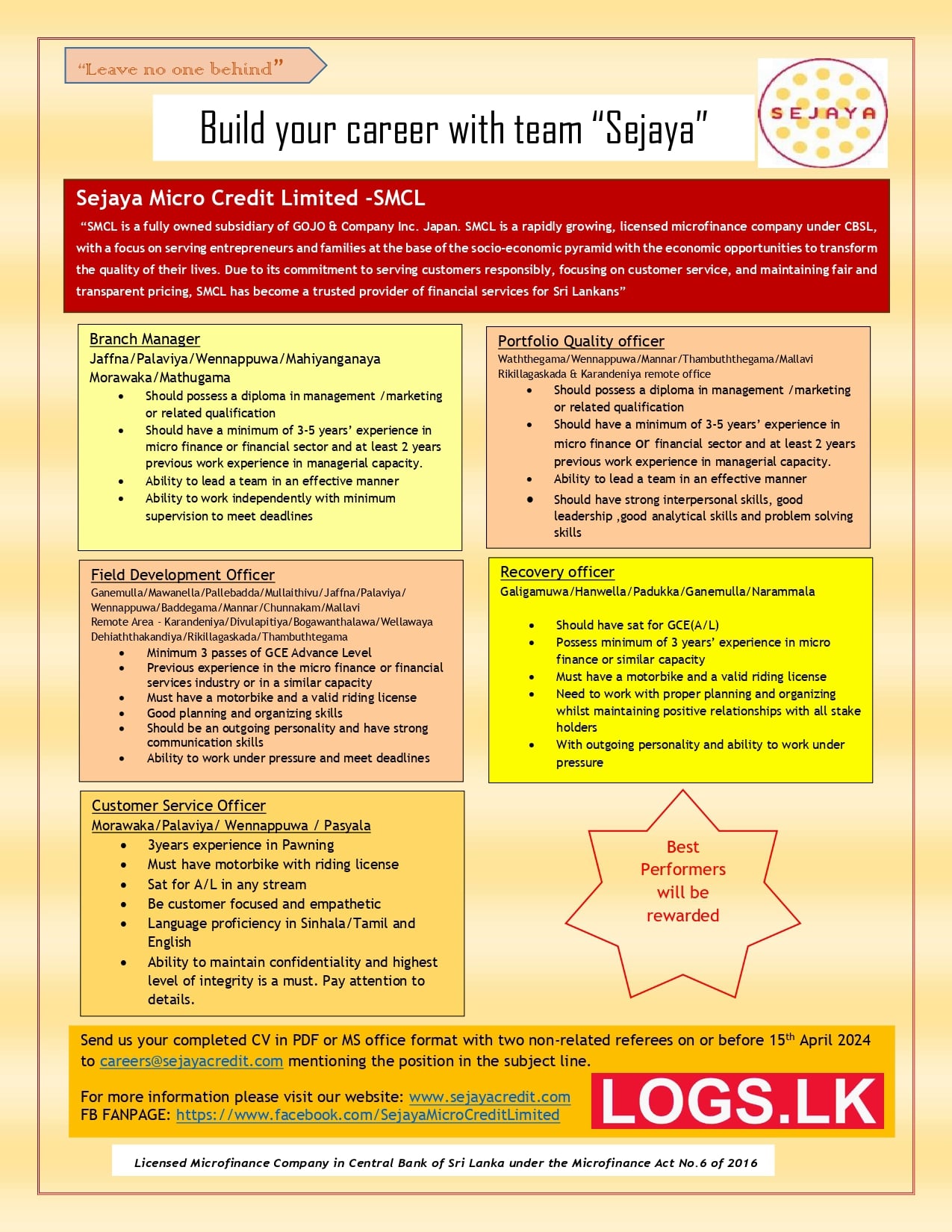 Sejaya Micro Credit Job Vacancies 2024 in Sri Lanka Application Form, Details Download