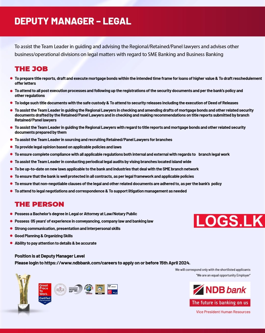 Deputy Manager - NDB Bank Vacancies 2024 Sri Lanka Application Form, Details Download