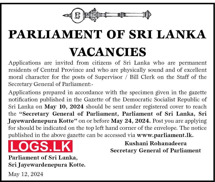 Bill Clerk - Parliament of Sri Lanka Job Vacancies 2024 Application Form, Details Download