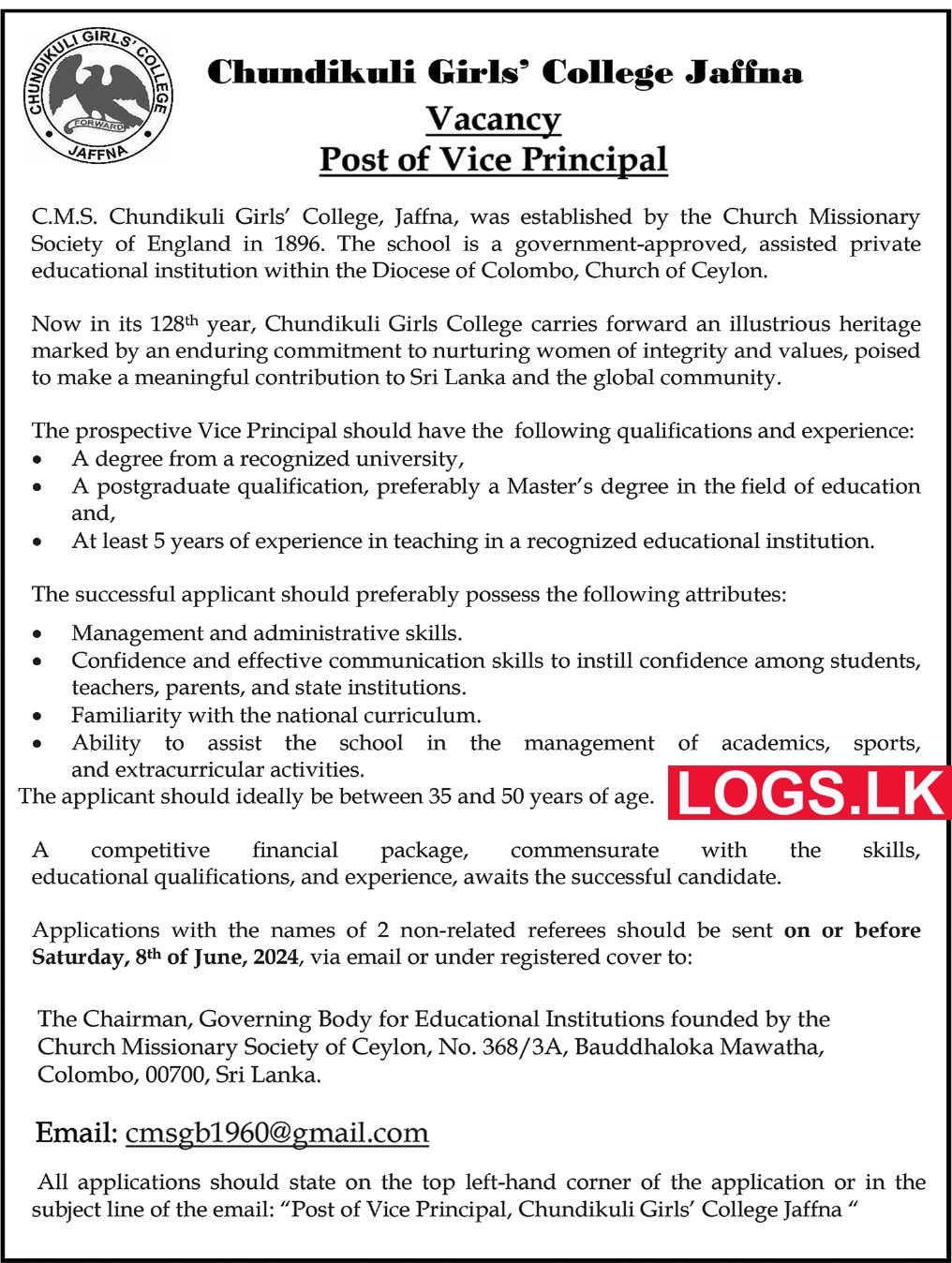 Vice Principal - Chundikuli Girls' College Jaffna Vacancies Application Form, Details