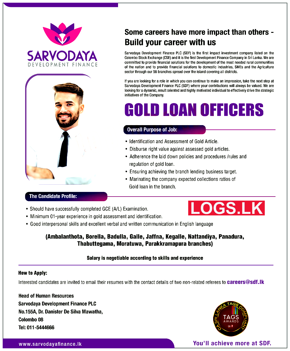 Gold Loan Officers - Sarvodaya Development Finance PLC Vacancies 2024 Application, Details